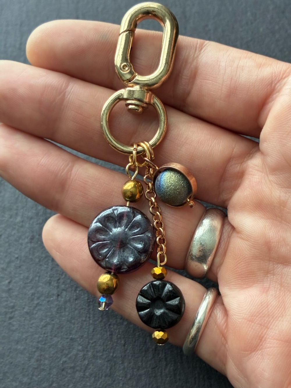 Handcrafted Iridescent Floral Charm Keychain - Gold Hardware - Picture 5 of 5